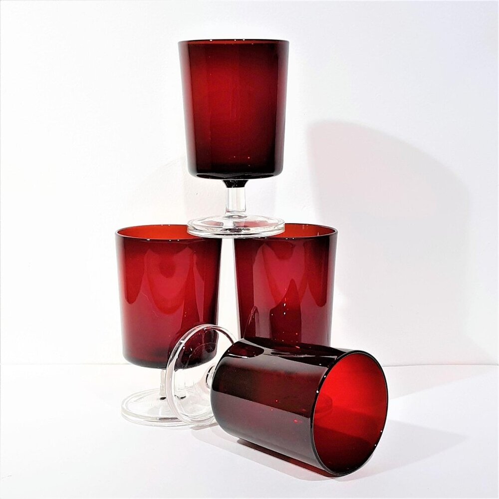 Ruby Red Luminarc  Cavalier 4 Glasses 8oz Footed MCM Vintage Water Wine